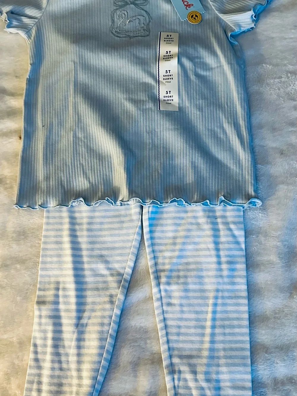 Cat and Jack Blue Ribbed Short Sleeve Top with Swan Motif and Gymboree leggings
